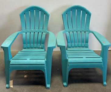 Pair Of Turquoise Plastic Adirondack Outdoor Chairs, One Chair Damaged, Standard Size