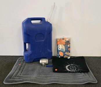 Stainless Steel 2" Ball Valve, Night Brain XL T-Shirt, 60'x84" Tablecloth (New), Igloo 6Gal Water Tank, Bath Mat