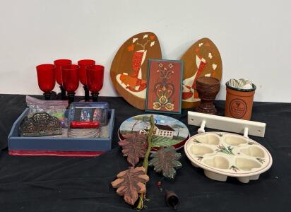 Vintage Kitchen & Decor - Red Glass Goblets, Heart Ceramic Plate, Farmhouse Art, Boots Plaques