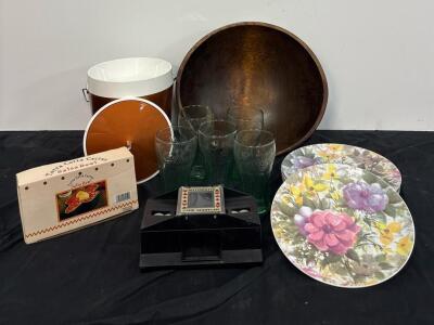 Assorted Kitchenware: Card Shuffler, Coca-Cola Glasses, Plates, Wooden Bowl, Ice Bucket, Salsa Bowl