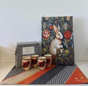 Charisma Queen 400TC Sheet Set, 4 Floral Mugs, Rabbit Art Print, Decorative Placemat