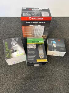 Mr. Beams MB360 Wireless LED Spotlight, SporTrak Map Handheld GPS, Garmin eTrex Legend H GPS, And Pelonis Fan Forced Heater