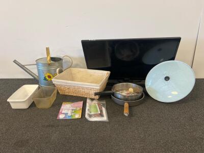 Apex 24&rdquo; Flat-Screen TV (Tested Does Turn On, Stand Is Broken), Metal Watering Can, Cookware, Wicker Basket