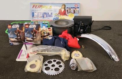 (1) Pair Of Bushnell Binoculars (1) Basket Of Various Lego Books (4) Piece Camp Cook Set Vintage Bike Parts And More