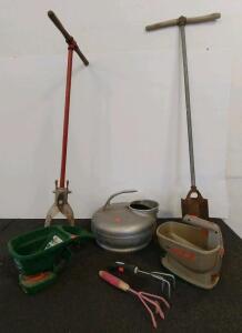 Mixed Garden Tools: Scotts Hand & Battery Spreaders, Post Hole Diggers, Cultivators, Vintage Aluminum Can