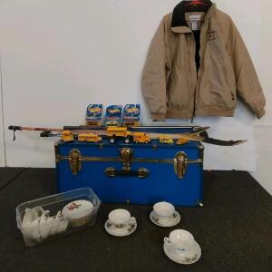 Vintage Hot Wheels Collector Cars, School Bus Toys, WearGuard Jacket (XL), Blue Trunk, Tea Set Lot