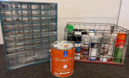 Sherwin-Williams SnapDry Semi-Gloss Acrylic Latex Paint, Tricorn Black, Assortment Of Spray Paint, Organizer Drawer