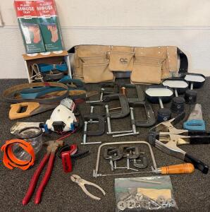 CLC Tool Belt, Flojet 12V Pump 03526144, 8 C-Clamps, Inspection Mirrors, Hand Tools, And More