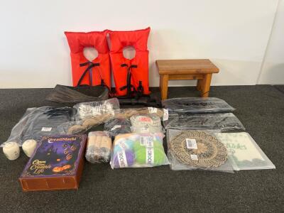 Large Household & Craft Lot: Halloween Kit, Yarn, 2 Life Jackets, Stool, Shakers, 14+ Items