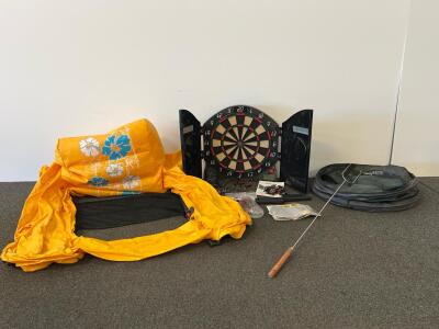 Electronic Dartboard Cabinet Set With Darts, Inflatable Chair, Pop-Up Tent, And Roasting Stick
