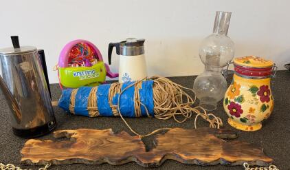Mixed Vintage Kitchen Lot - Corning Ware Percolator, Risotto Coffee Pot, Toy Knitting Machine