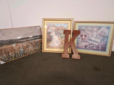 Set Of 3 Framed Art Prints And Faux Wood Decorative Letter "K"