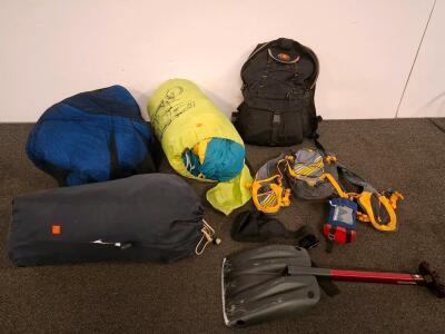 Outdoor Camping Assortment: Nathan Vest, Backpacks, Tent, Sleeping Bags, Shovel