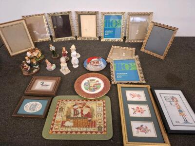 10 Metal & Wood Ornate Picture Frames, 8 Collectible Figurines, 2 Plates, Needlework Art