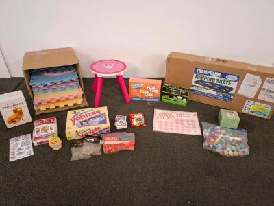 Assorted Children's Items: Upper Bounce Jumping Skate UB-TJB, Minnie Mouse Stool, Foam Play Mats, Educational Sets, Card Games, Art Supplies, And More