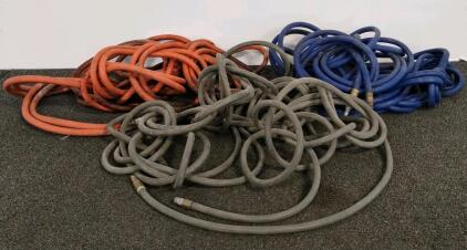 Assorted 50 Ft 3/8" Rubber Air Hoses, Quick-Connect, Orange/Blue/Gray, 300 PSI, With Blow Gun