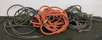 Three 50 Ft Rubber Air Hoses 3/8" ID, Quick-Connect Fittings, Orange/Gray, 300 PSI