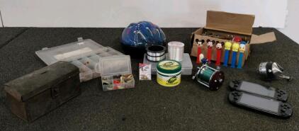 Assorted Fishing Gear, Vintage PEZ Dispensers, 2 Gameplayers, Medium Girls Bike Helmet, And More