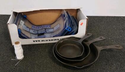Blackhawk HydraStorm 100Oz/3L Hydration Reservoirs (x22), Disposable Bladders, Nesting Cast Iron Pans, And Spool Of Twine
