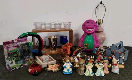 Tales of the Teenage Mutant Ninja Turtles Mutations Mix 'N Match Leonardo vs Mechazoid Action Figure Set, glassware, wooden shelf, Barney, and more