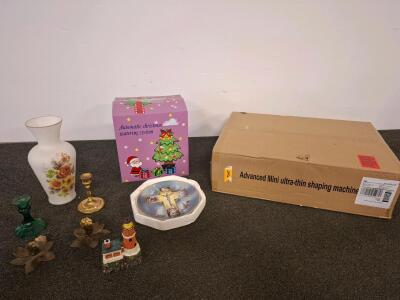 Assorted Household and Decorative Lot: Automatic Christmas Tree Watering System, Plate, Vase, Candlesticks, Shaping Machine, shaping machine new in box.