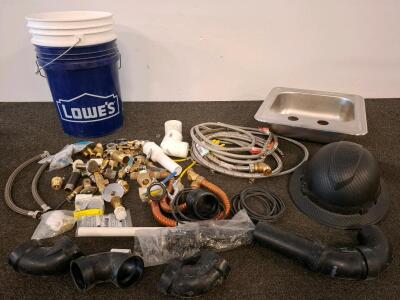 Assorted Plumbing Hardware Lot with Stainless Steel Sink, Lowe's Bucket, Fittings & Hoses
