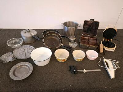 Vintage Toastmaster & Sunbeam Waffle Makers, Hamilton Beach Knife, Mixed Cookware Lot