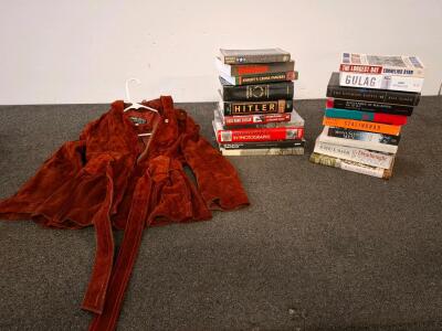 Vintage Uruguay Genuine Suede Leather Hooded Jacket, Belted, Size 5 (Medium), Reddish Brown, books