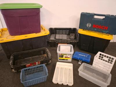 Mixed Lot Storage & Tool Containers: Husky, RIDGID, Bosch, Kobalt, 27 gal Tote, 12 Pieces