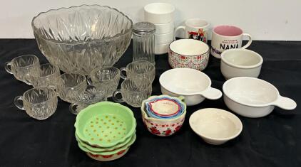 Vintage Pressed Glass Punch Bowl Set with 8 Cups, Cermaic Bowls & Cups, Etc.