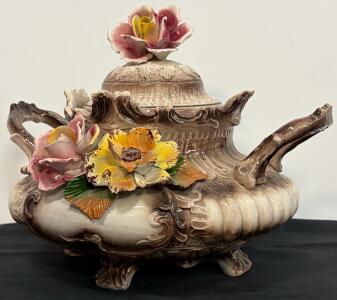 Capodimonte Italy Porcelain Floral Tureen Centerpiece Crowned N Mark Ornate Handles