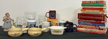 Vintage Kitchen, Glassware & Figurines Lot &ndash; Amarena Fabbri Jar, CorningWare, 15+ Cookbooks