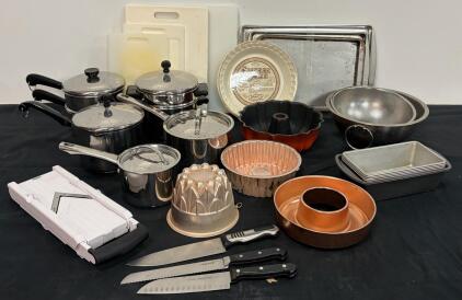 Large Kitchenware Lot: Stainless Pots, Bakeware, Knives, Mandoline, Cutting Boards, OXO Slicer