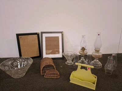 Vintage Pressed Glass Bowls, Oil Lamps, Black Frames, Wood Caddy, Wicker Basket Lot