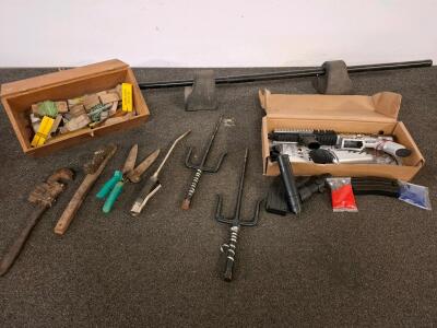Assorted Tools, Pair of Martial Arts Sai, Gel Blaster Kit with Accessories, and Wood Box Lot