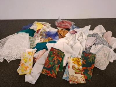 Assorted Vintage Linens: Tablecloths, Napkins, Doilies, Hand Embroidery, Autumn Prints, Lot of 20+