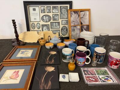 Mixed Kitchenware & Home Decor Lot: Lusterware Tea Set, Framed Art, Assorted Mugs, and More