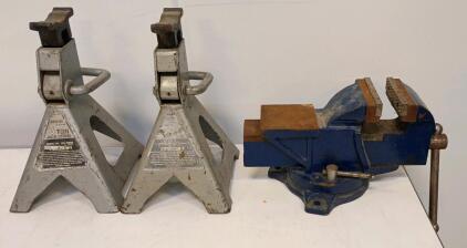 (2) Sears 3 Ton Jack Stands and Heavy Duty 6" Swivel Base Bench Vise, Steel Construction