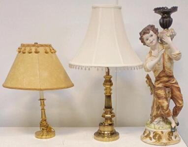 Brass Table Lamps with Fabric Shades & Porcelain Figurine Lamp, 20&ndash;28in, Decorative Detail