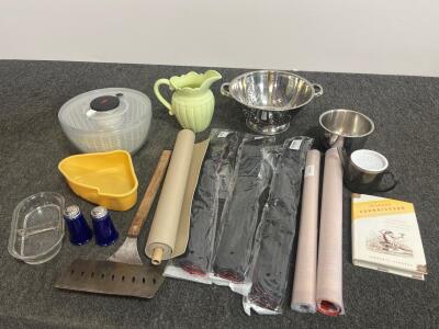 Assorted Kitchen Tools Set: OXO Salad Spinner, A&D Mat, Sill Protectors, Strainer, Shakers