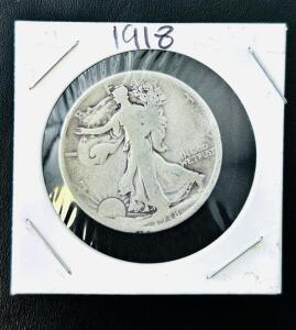 1918 Walking Liberty Half Dollar, 90% Silver, U.S. Coin, Circulated Condition
