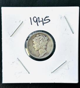 1945-S Mercury Dime, 90% Silver, San Francisco Mint, Circulated, Designer: Weinman
