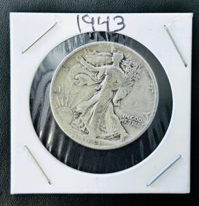 1943 Walking Liberty Half Dollar, 90% Silver, U.S. Coin, Circulated, Adolph A. Weinman Design