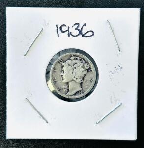 1936 Mercury Dime 90% Silver, Winged Liberty Head, US Coin, Visible Strike Crack