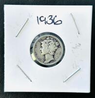 1936 Mercury Dime 90% Silver, Winged Liberty Head, US Coin, Visible Strike Crack