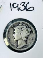 1936 Mercury Dime 90% Silver, Winged Liberty Head, US Coin, Visible Strike Crack - 2
