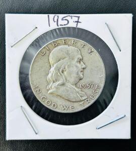 1957-D Franklin Half Dollar 90% Silver, Denver Mint, Circulated, 1.205" Diameter