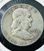 1957-D Franklin Half Dollar 90% Silver, Denver Mint, Circulated, 1.205" Diameter - 2