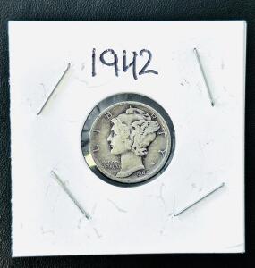 1942 Mercury Dime Philadelphia Mint 90% Silver, Adolph Weinman Design, Circulated Example