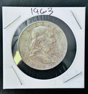 1963-D Franklin Half Dollar, 90% Silver, Denver Mint, Circulated, Liberty Bell Design